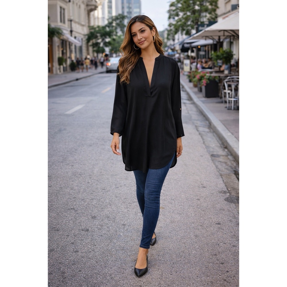 Miss Avenue Woman's‎ Oversized Blouse Size L Black Sheer Staple Casual Relaxed